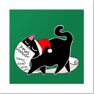 Christmas Cat with LONG Wishlist santa hat black kitty xmas list Posters and Art